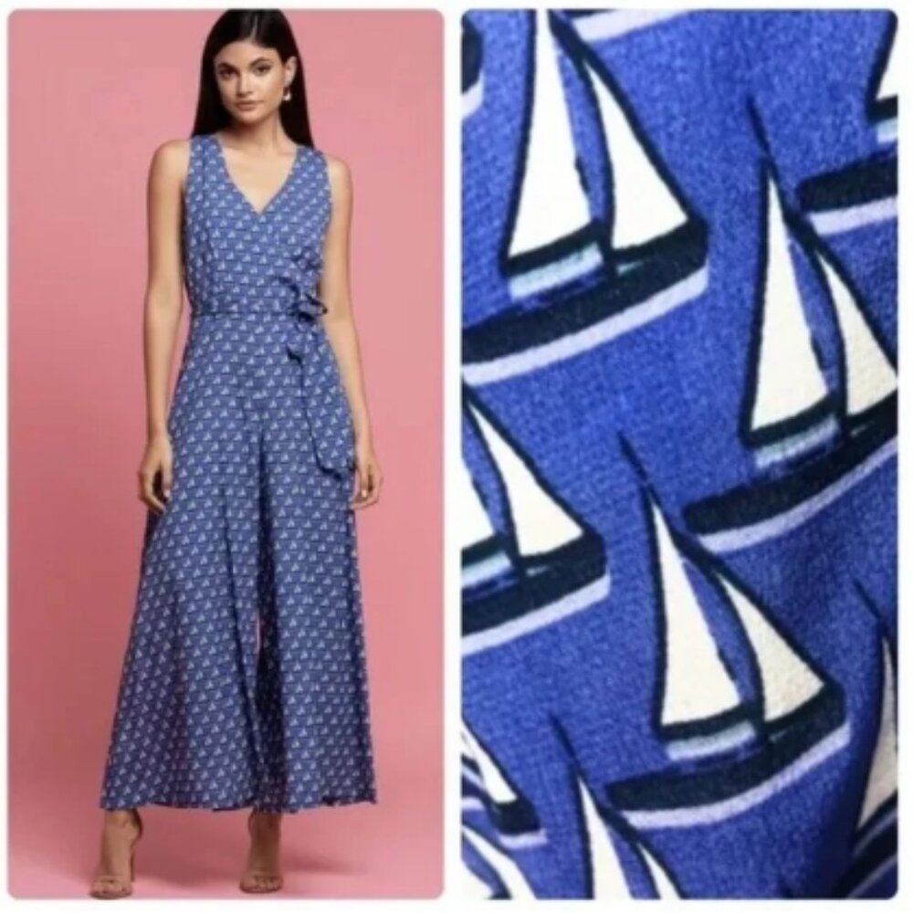 Eva Franco Anthropologie Sailboat Print Jumpsuit Blue & White Size 8 NWT - Picture 1 of 7